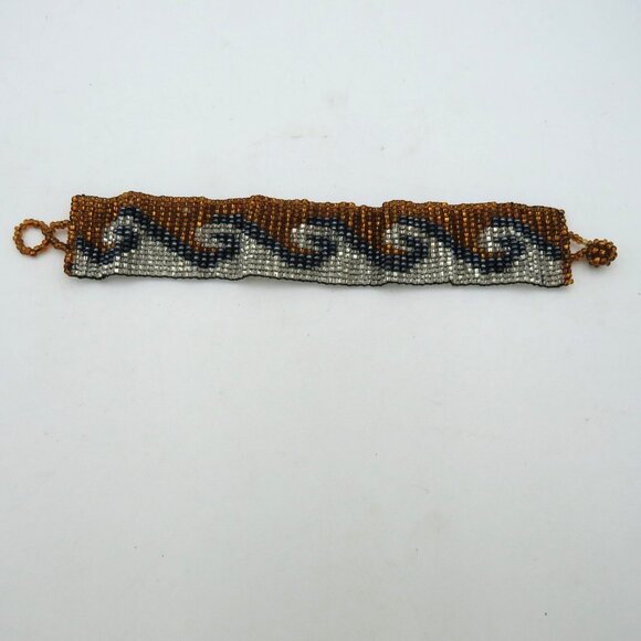Handmade Beaded Cuff Bracelet Seed Bead Wave Pattern Amber Silver Black Boho - Picture 3 of 10